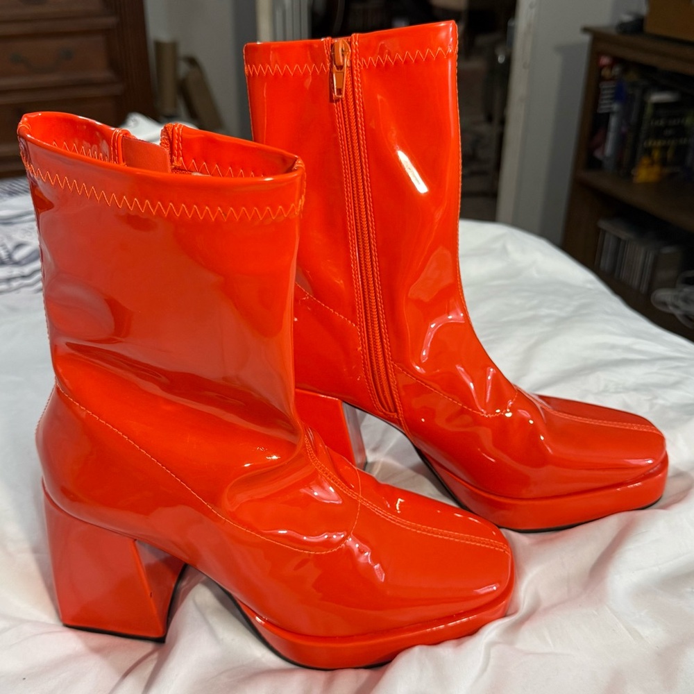 Red platform chunky boots